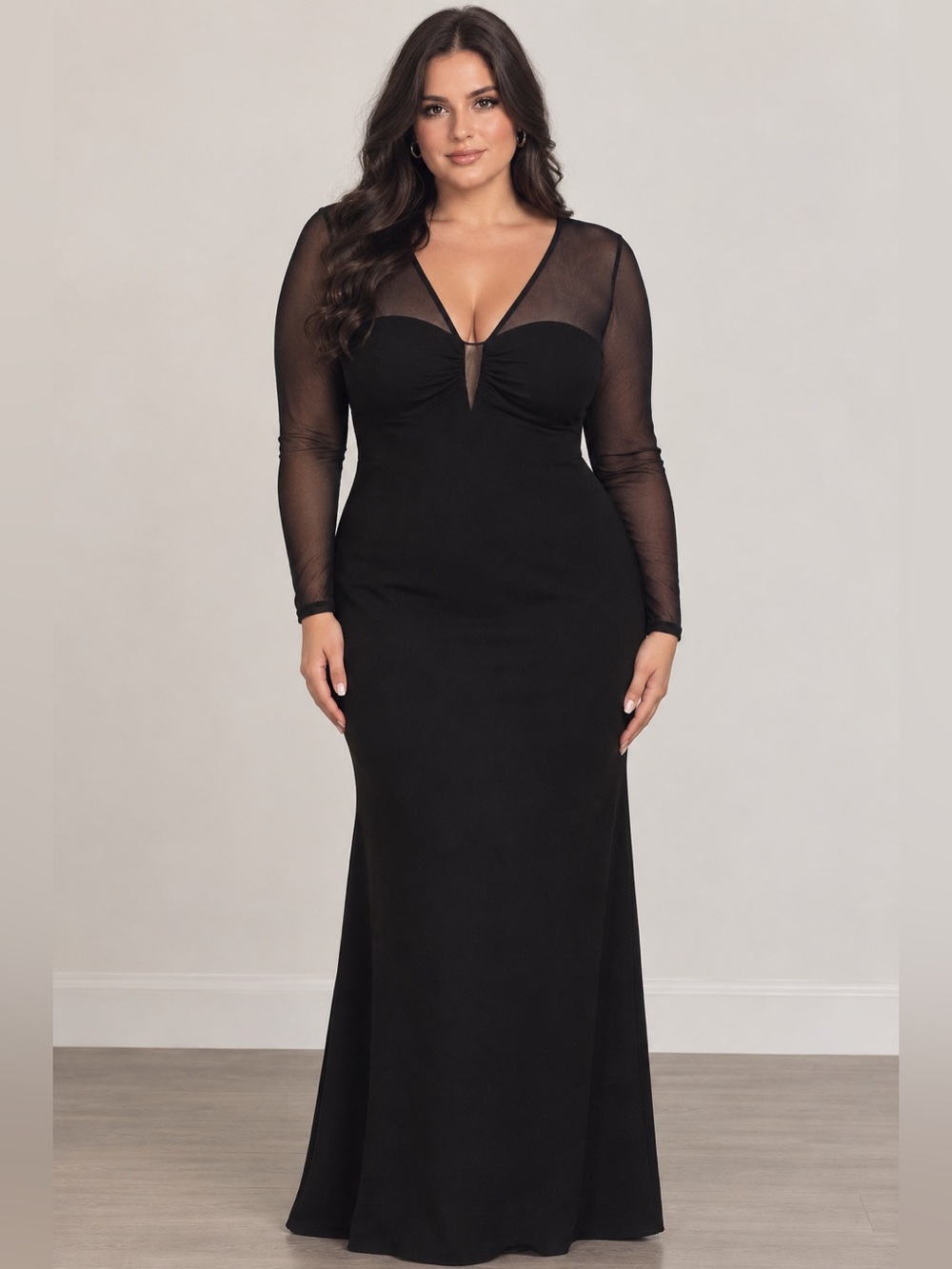 Black Long Sleeve V-Neck Evening Gown